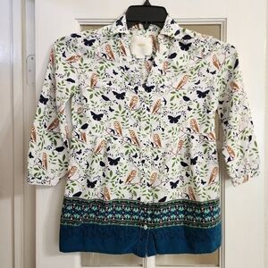 Maeve Anthropologie Owl Bird Butterfly Print Button Blouse Boho 3/4 Sleeve
